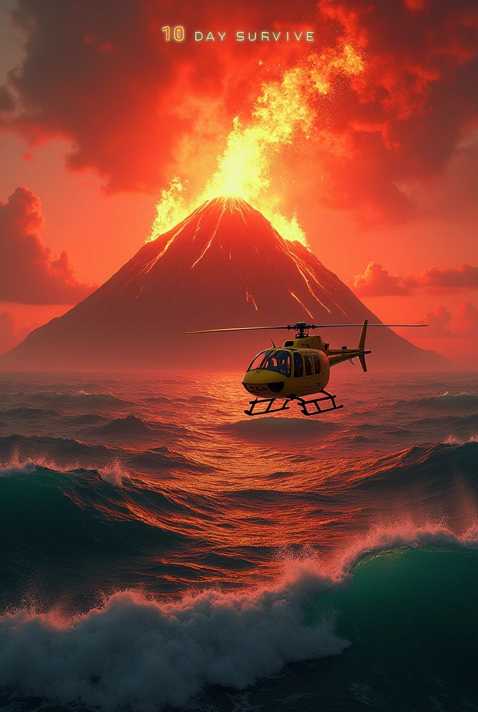 A vast ocean scene featuring a menacing red-colored horror island at its center. A large, active volcano dominates the island, spewing fiery lava into the sky. Above the island, a yellow helicopter is flying, with a pilot inside who is visibly shocked. The pilot wears an orange emergency uniform with a yellow cap, looking intently at the erupting volcano. The background depicts a setting sun as the afternoon transitions to evening. The text '10 DAY SURVIVE' is prominently displayed in glowing green letters at the top, adding a sense of urgency and adventure to the scene."