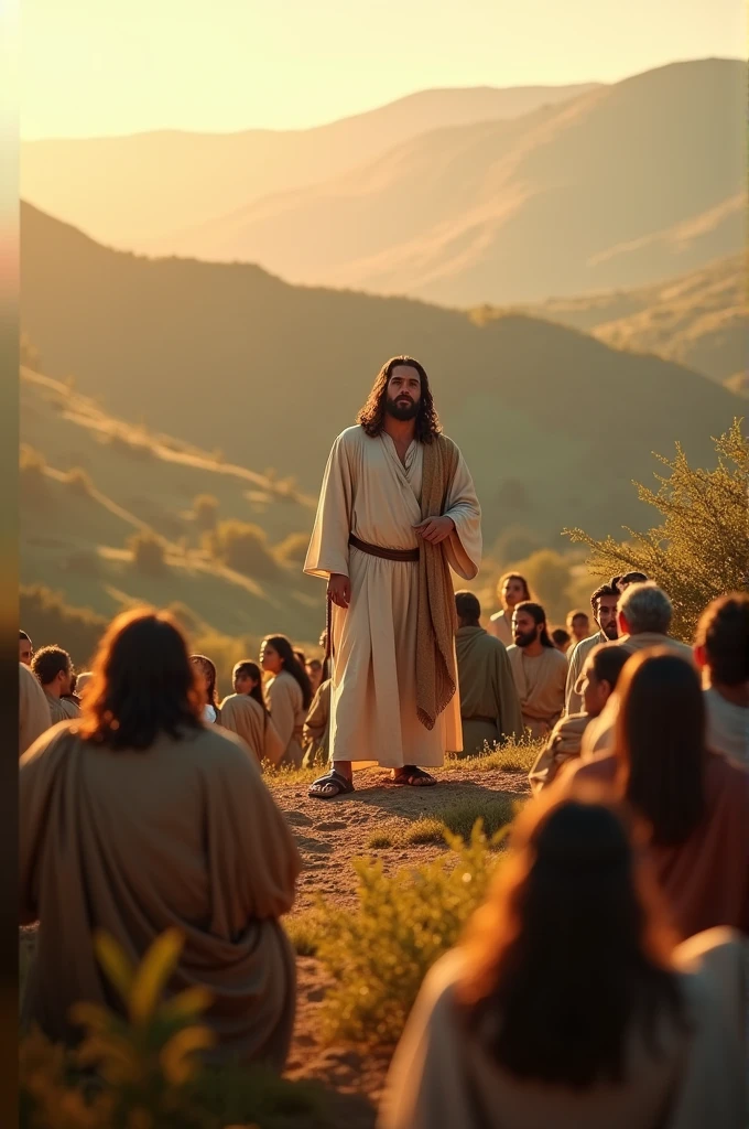In the heart of Galilee, on a hill that stood like a natural altar, crowds gathered to hear the one who was known by some as the Teacher, by others as the Prophet, and by many as a living promise of something greater, Jesus Christ . cinematic, 8k, realistic.