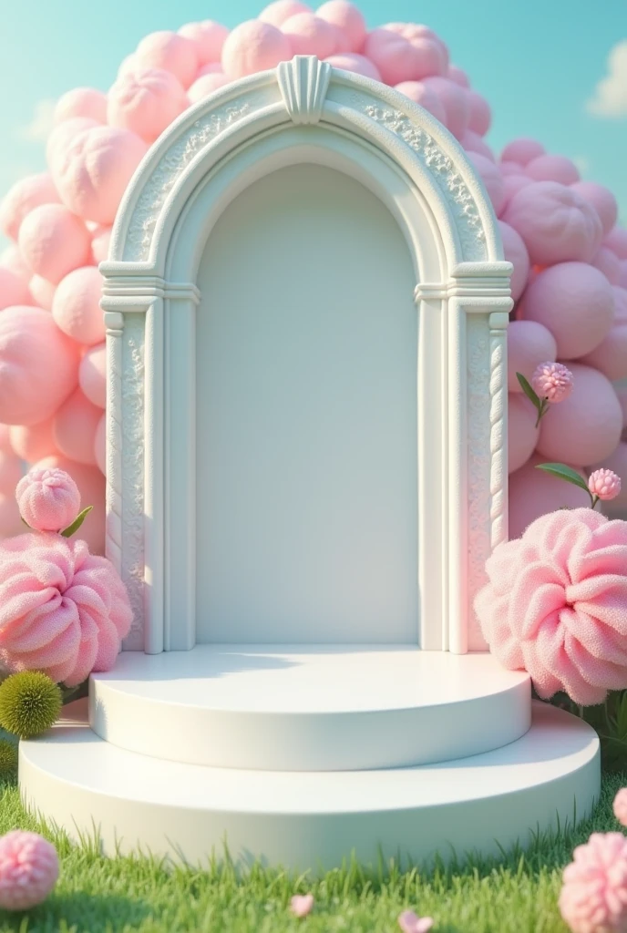 White stone podium in a candy kingdom background. Background should have pink marshmallows and green grass