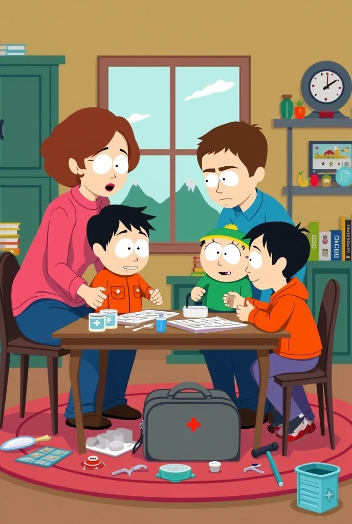 can u make a simple educational poster, something i could draw, about a family helping eachother while they're preparing / planning for a calamity.

they're in a house, packing things and putting them in a go bag, one is planning something incase the calamity comes in.

draw them southpark style

