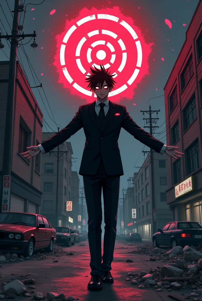 ruined, 1 guy, car, epic composition, City street, Japan, deserted street, the night, flashing in the background, color red, (Masterpiece artwork, best qualityer: 1.2), male focus, 1 , (work of art:1.3),(best qualityer:1.2),8k,absurdrez,Unity 8k WallPapper,(extremely detaild:1.3),paramount, high resolution, incredible, illustration, beautiful studio soft light, incredibly beautiful, incrivelmente absurdrezs, vivid details, cinematic lighting, moody lighting, pixiv, awardwinning, proffesional, highy detailed, inform, looking a viewer, ssmile, shorth hair, 1 , black hair, male focus,spiky hair, front viewer, (background red:1.1),Eyes red,a concentric circular pattern that resembles a target in your eyes, with a small dot in the center, (magie:1.3), (Aura:1.3), blood angel halo on top of head, Black Suit, open arms,(flashy:1.3) Inspiration, sleeved, chainsawman. strokes, Satoru Gojo,(Similar stroke style)