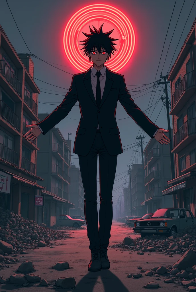 ruined, 1 guy, car, epic composition, City street, Japan, deserted street, the night, flashing in the background, color red, (Masterpiece artwork, best qualityer: 1.2), male focus, 1 , (work of art:1.3),(best qualityer:1.2),8k,absurdrez,Unity 8k WallPapper,(extremely detaild:1.3),paramount, high resolution, incredible, illustration, beautiful studio soft light, incredibly beautiful, incrivelmente absurdrezs, vivid details, cinematic lighting, moody lighting, pixiv, awardwinning, proffesional, highy detailed, inform, looking a viewer, ssmile, shorth hair, 1 , black hair, male focus,spiky hair, front viewer, (background red:1.1),Eyes red,a concentric circular pattern that resembles a target in your eyes, with a small dot in the center, (magie:1.3), (Aura:1.3), blood angel halo on top of head, Black Suit, open arms,(flashy:1.3) Inspiration, sleeved, chainsawman. strokes, Satoru Gojo,(Similar stroke style)