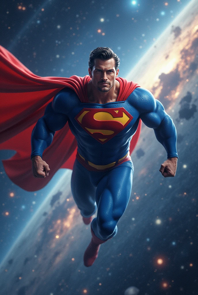 Handsome hunky Superman Flying in Cosmic Space