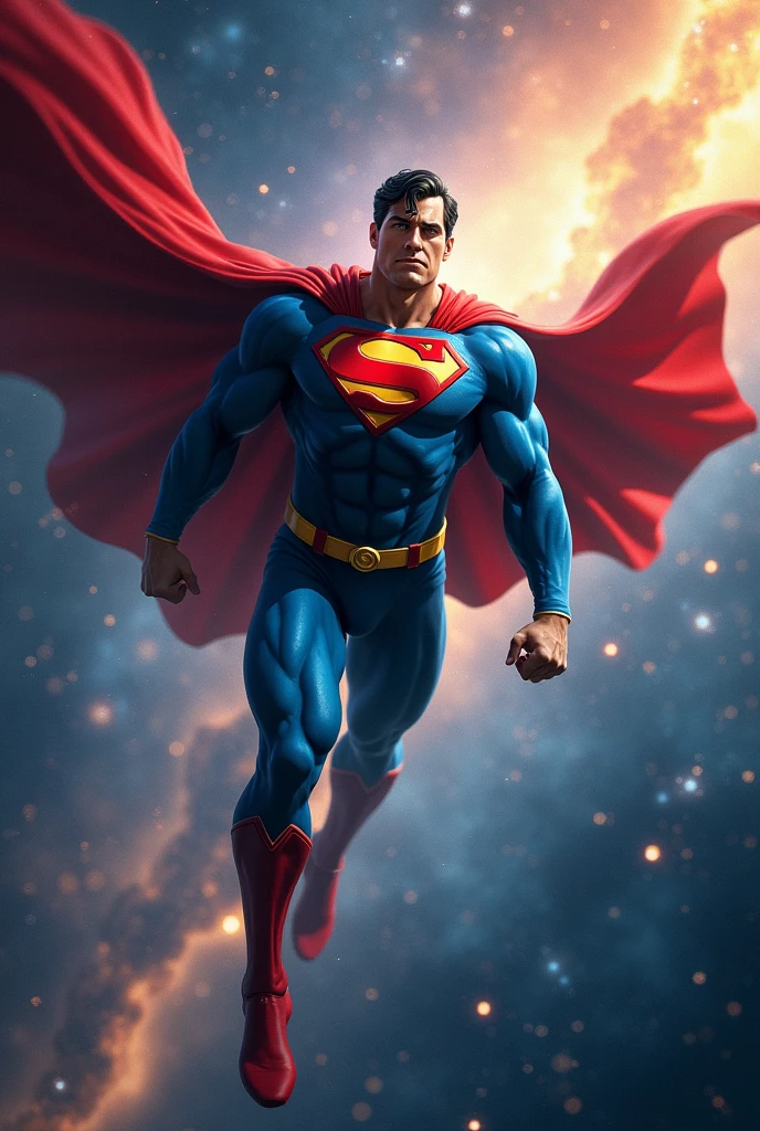 Handsome hunky Superman Flying in Cosmic Space
