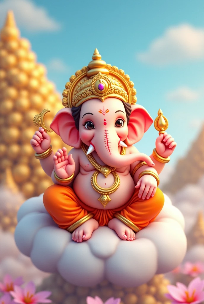 Cartoon ganesha Sitting on the cloud blessing in pastel color and mountain of gold coin in background