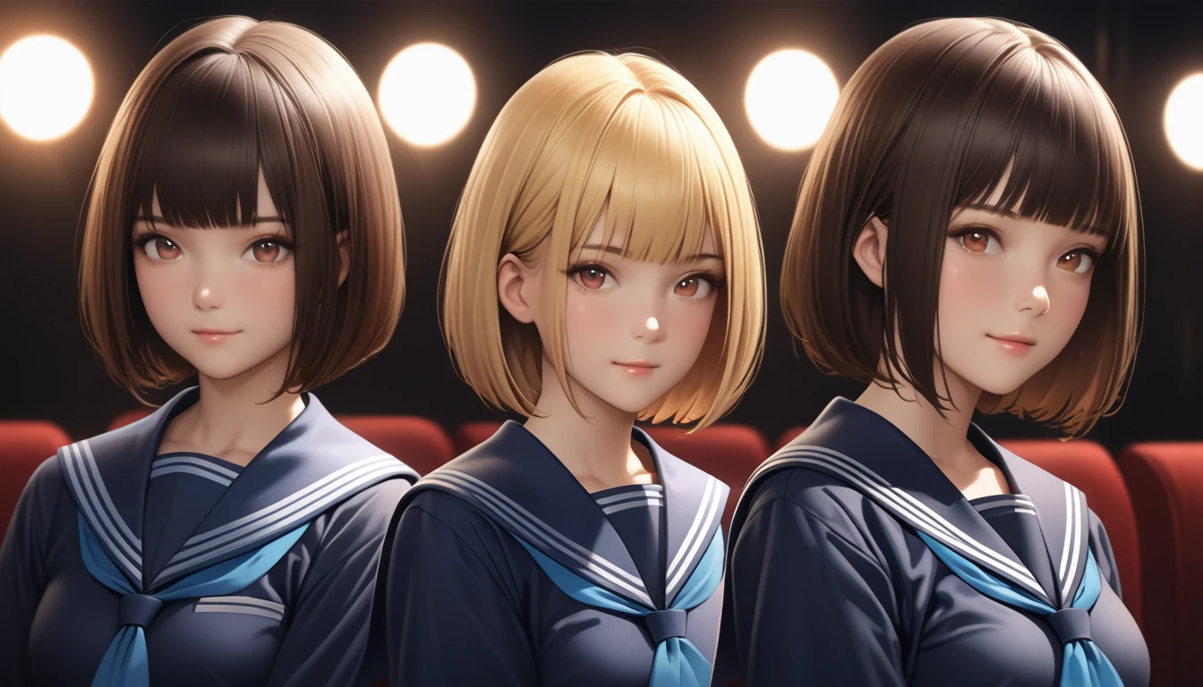 (masterpiece:1.2, Highest quality), (Realistic, photoRealistic:1.4), Beautiful illustrations, (Natural Side Lighting, Cinema Lighting), View your viewers, Cowboy Shot, Front view:0.6, 1 person, Japanese, Junior high school girl, , Perfect Face, cute and symmetrical face, Glowing Skin, (short hair, Bobcut, Blonde), Blunt bangs, Dark brown eyes, Long eyelashes, (Large Breasts:0.5), Beautiful Hair, Beautiful Face, Beautiful attention to detail, Beautiful clavicle, Beautiful body, Beautiful breasts, Beautiful thighs, Beautiful feet, Beautiful fingers, ((Detailed cloth texture, long sleeves navy cute sailor suit, Navy Pleated Skirt, Navy sailor collar, Green sailor scarf)), (Beautiful views), evening, River side, Are standing, (cute, Cute smile, Upward glance, Open your mouth),