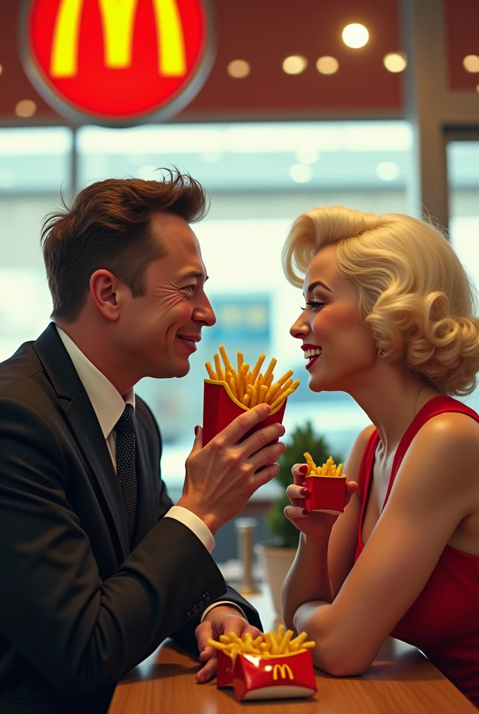 Elon Musk and Marilyn Monroe at McDonald's、They are having a fun conversation while eating McDonald's fries.。