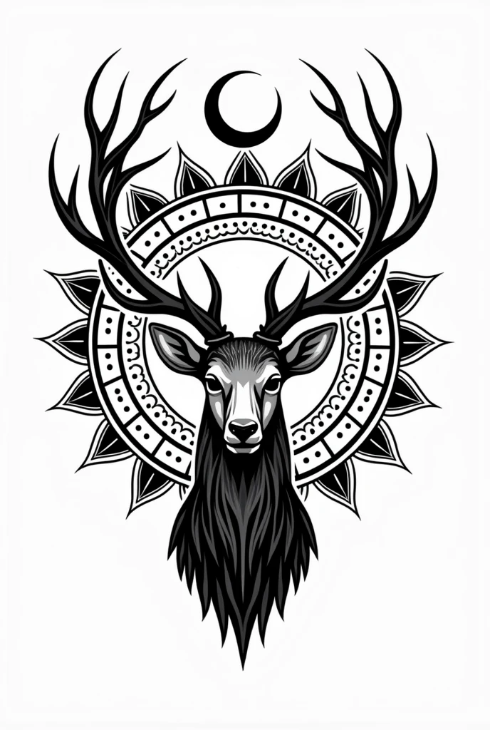 Goddess Artemis deer logo in mandala style with inverted crescent moon on top of antlers in black and white
