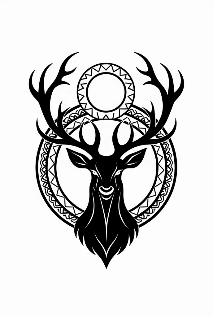 Goddess Artemis deer logo in mandala style with inverted crescent moon on top of antlers in black and white