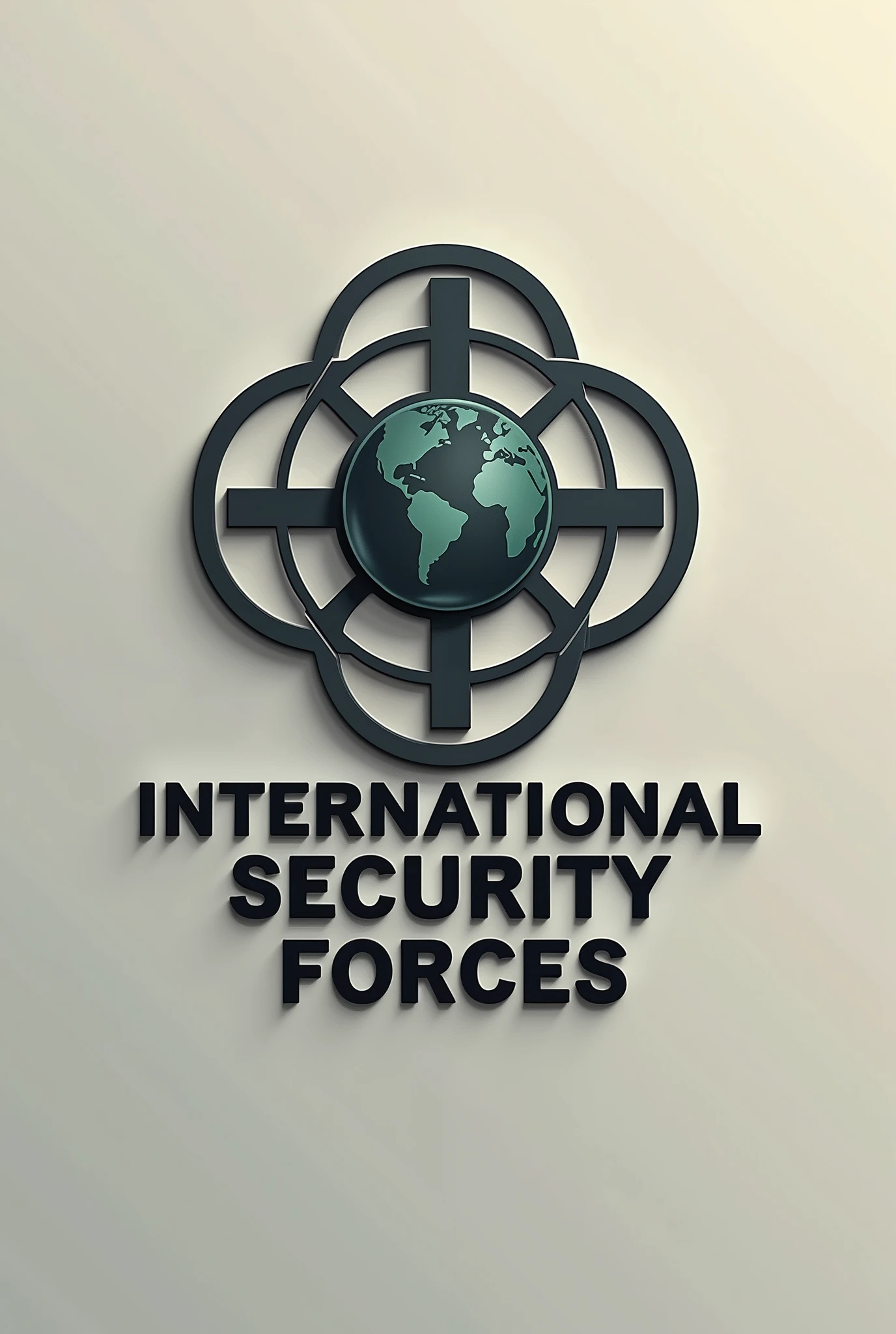 Create a military logo with the following things:
- UN style image but not the same.
- Text: International Security Forces.