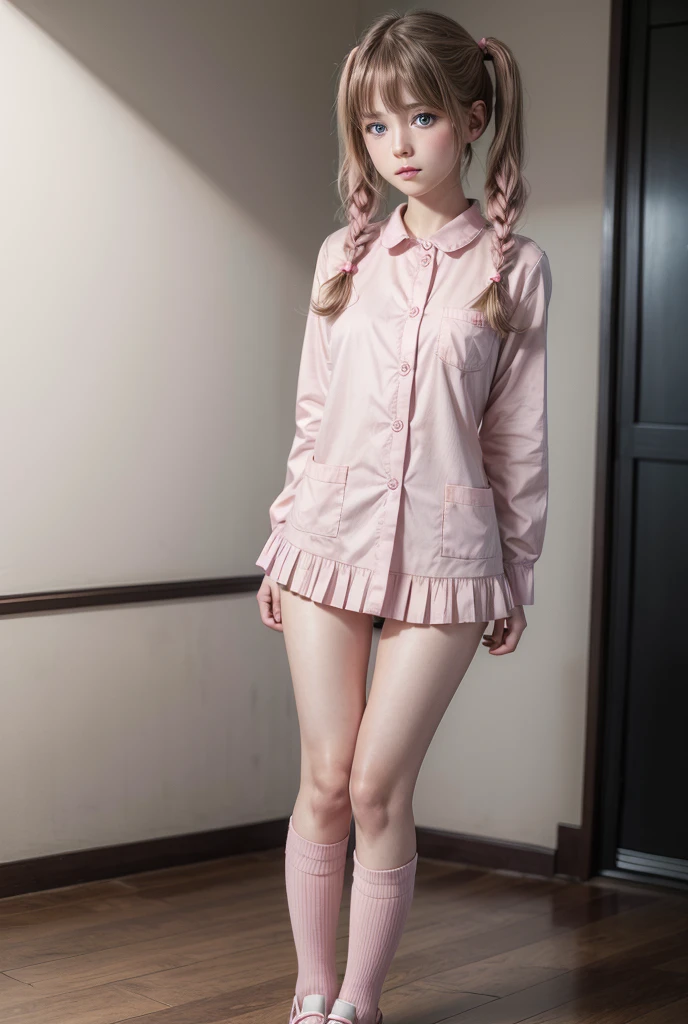 1 girl, High resolution, small breasts, Long hair, blush, blue eyes, full body, small, necessary, fringe, short hair, Low twin tails, ultra realistic, Mecha uniform, pink clothes, showing panties