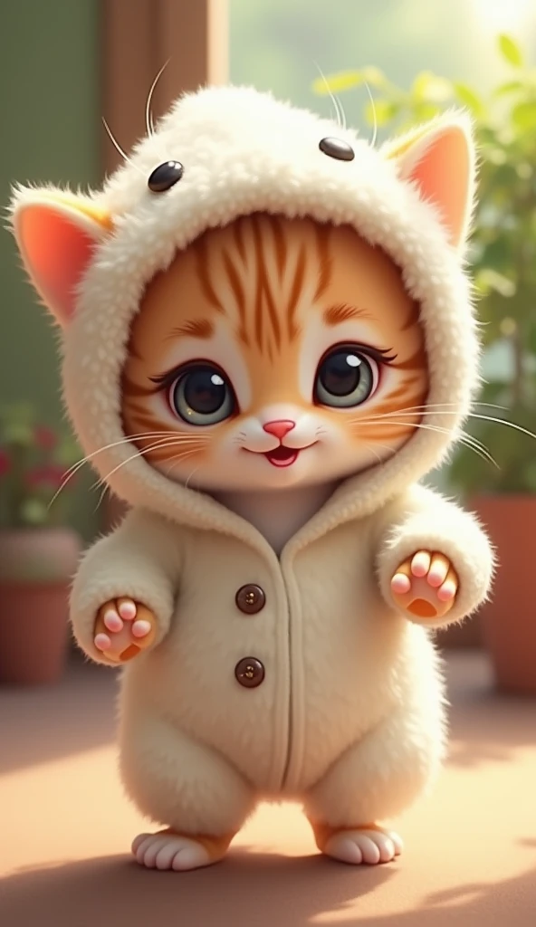 Cute kitten in fluffy white hooded outfit