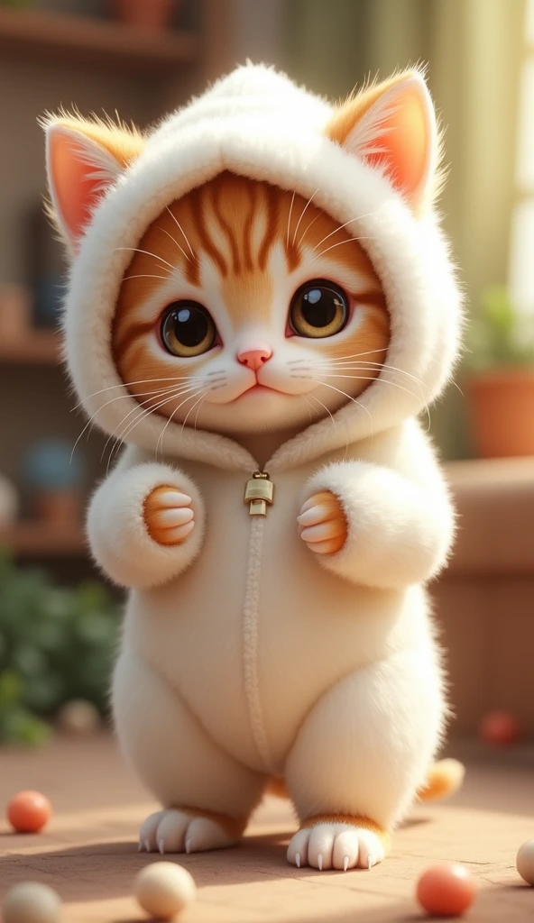 Cute kitten in fluffy white hooded outfit