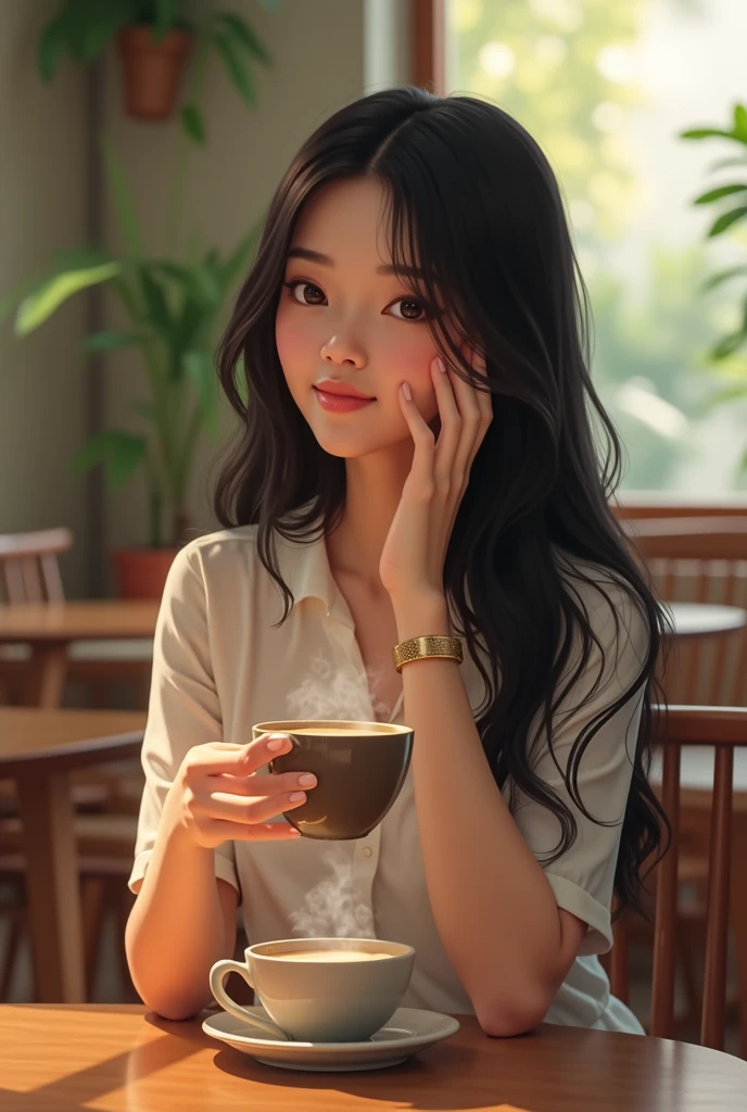 A beautiful Thai college student sits and drinks coffee.