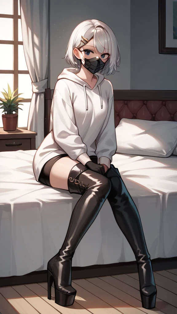 score_9, score_8_up, score_7_up, score_6_up, score_5_up, score_4_up, source_anime, 1woman, fair skin, She lay down on her back, Nice face, bed, white hair, hairpins, black eyes, leather gloves, mask, clean hair, white hoodie,thigh-high boots, platform boots, heels, room, best quality, best res, 4K UHD,