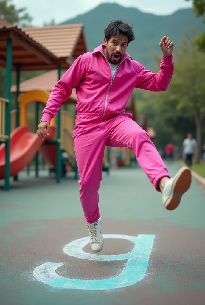 A man in a pink jumpsuit is kicking a chalk drawing of the letter "G" on a playground, with a surprised expression on his face. The man is mid-air, his leg extended, and his other hand is raised in the air. The background is blurred, and the image is captured with a wide-angle lens. The colors are vibrant and the lighting is bright. The overall mood is playful and humorous.
