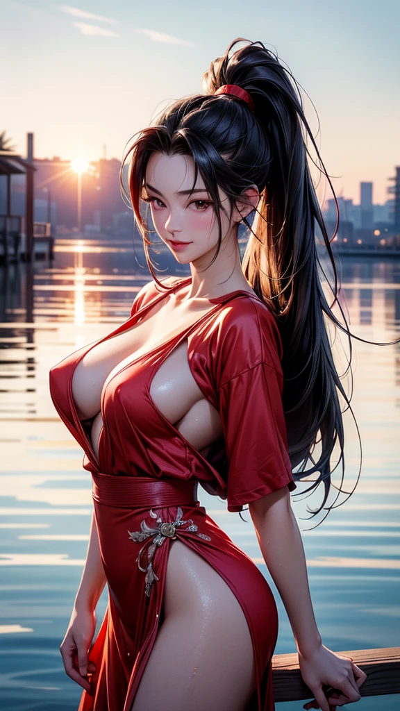 (masterpiece, Highest quality:1.3), (Super detailed:1.4),(Super detailedな顔:1.2),(Super detailedな目:1.2), (hyperRealistic:1.3), (RAW Photos:1.2), High-definition RAW color photos, Professional photos, (PhotoRealistic:1.4), (Realistic:1.4),8k,Professional Lighting, Perfect Anatomy, BREAK,(Big Breasts:1.6),blush,(Bright smile:1.2),(Mai Shiranui\(cosplay\):1.3), High detail, Sharp focus, dramatic,dutch angle,Long black hair,(Red costume:1.2),Ponytail,forehead,Scattered beneath the surface, reflection,Caustics,lake,cloud,sun,(sexy pose:1.3),(sweaty skin:1.1),(Shooting on the pier:1.1)