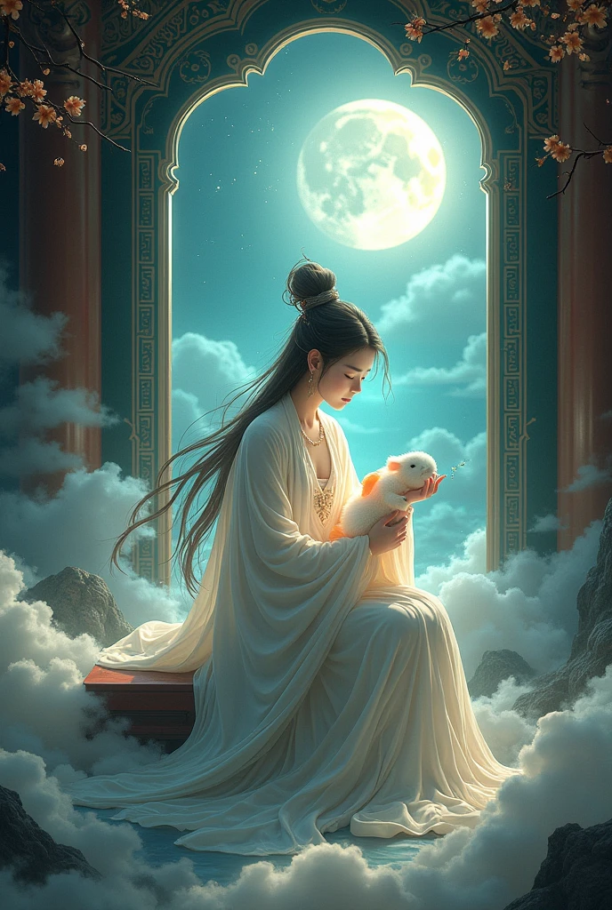 Ancient Chinese Mythology,Guanghan Palace,Chang'e sitting in front of the window,Holding the Jade Rabbit in my arms,Best quality,masterpiece