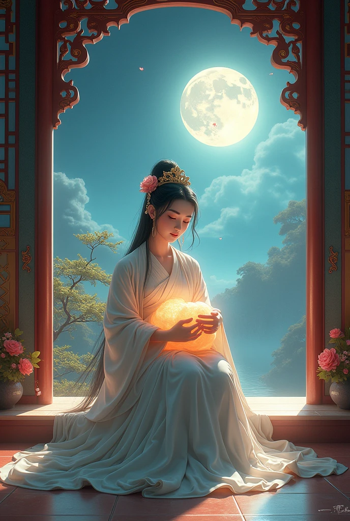 Ancient Chinese Mythology,Guanghan Palace,Chang'e sitting in front of the window,Holding the Jade Rabbit in my arms,Best quality,masterpiece