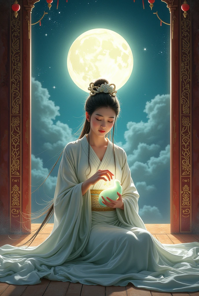 Ancient Chinese Mythology，Guanghan Palace，Chang&#39;e sitting in front of the window，Holding the Jade Rabbit in my arms，Best quality，masterpiece
