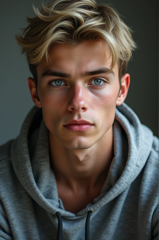 young man with short blond hair, blue eyes, and tan skin wearing a grey hoodie