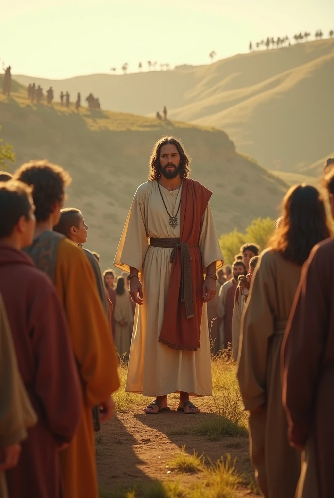 In the heart of Galilee, on a hill that stood like a natural altar, crowds gathered to hear the one who was known by some as the Teacher, by others as the Prophet, and by many as a living promise of something greater, Jesus Christ . cinematic, 8k, realistic.