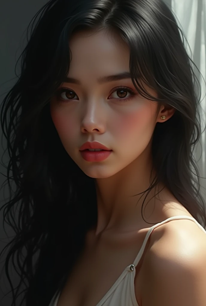 a girl named diana, she is , she has a slim body, long straight black hair, long eyelashes, have thick eyebrows, big mouth, pointy nose, big black eyes.