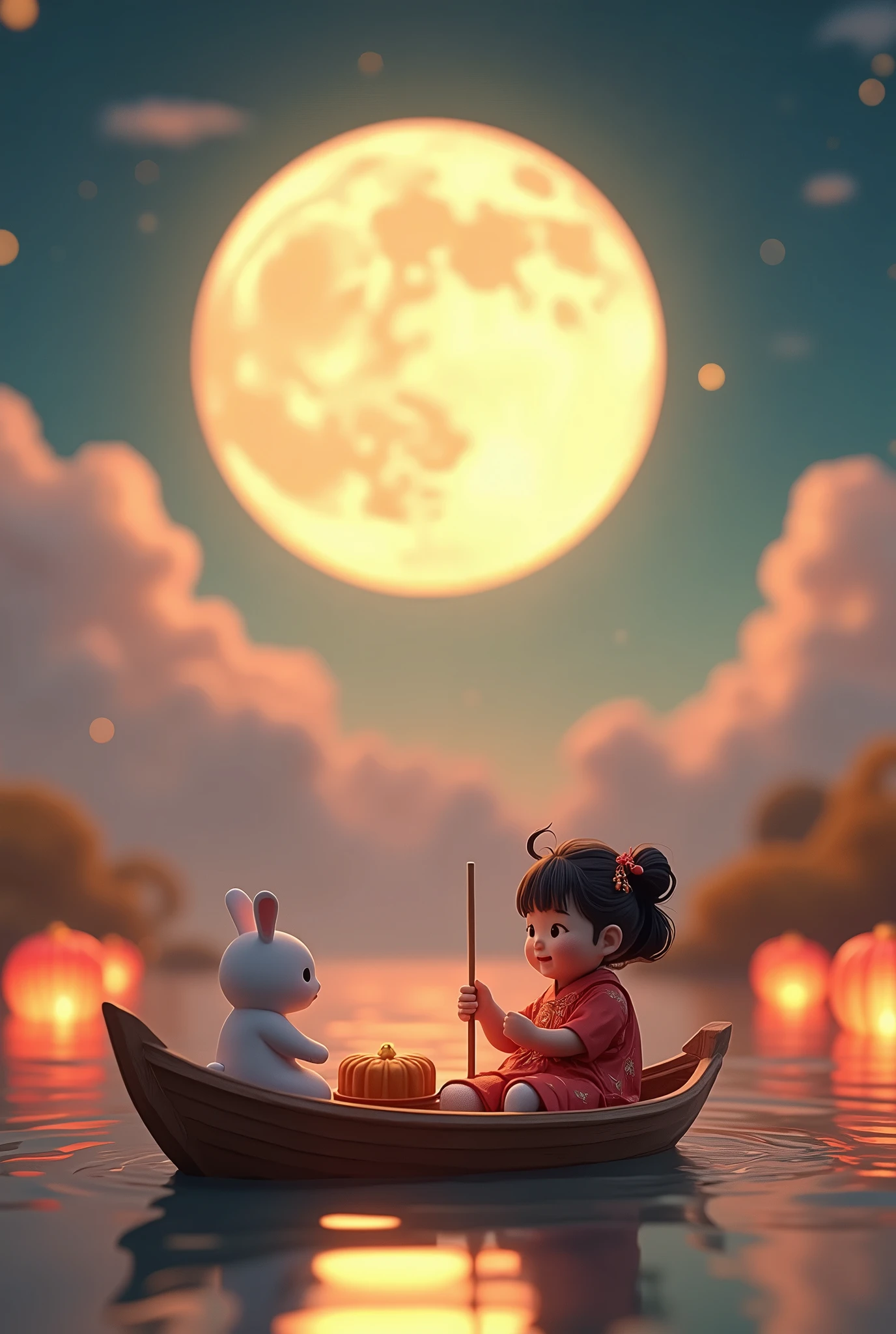 3D rendering poster, in front of a huge moon, beautiful night, warm lights, a cute and happy girl wearing traditional Chinese clothing, a rabbit, sitting on a boat, looking at the moon in the distance, mooncakes, auspicious clouds, bright colors, warm colors, surrealism, Pixar style, Disney style, clear contour light, increasing overall visual effect - ar 59:128, edge light, fantasy, outdoor cold and warm contrasting colors, spotlight, 8k ar, c4d, OC rendering, blender,