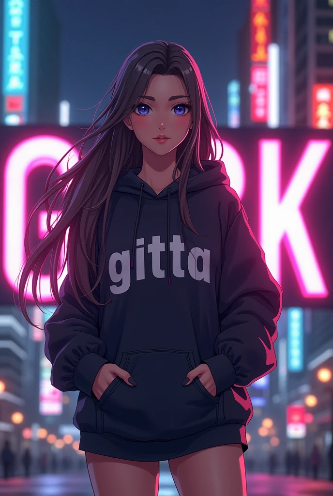 Create a character anime, {background: capital text: “GLBK”, night city}, tanned skin,
realistic, HDR, beautiful, japan style, full body, use piastol, age 20, hoodie HD text: “GITTA”, female, long hair