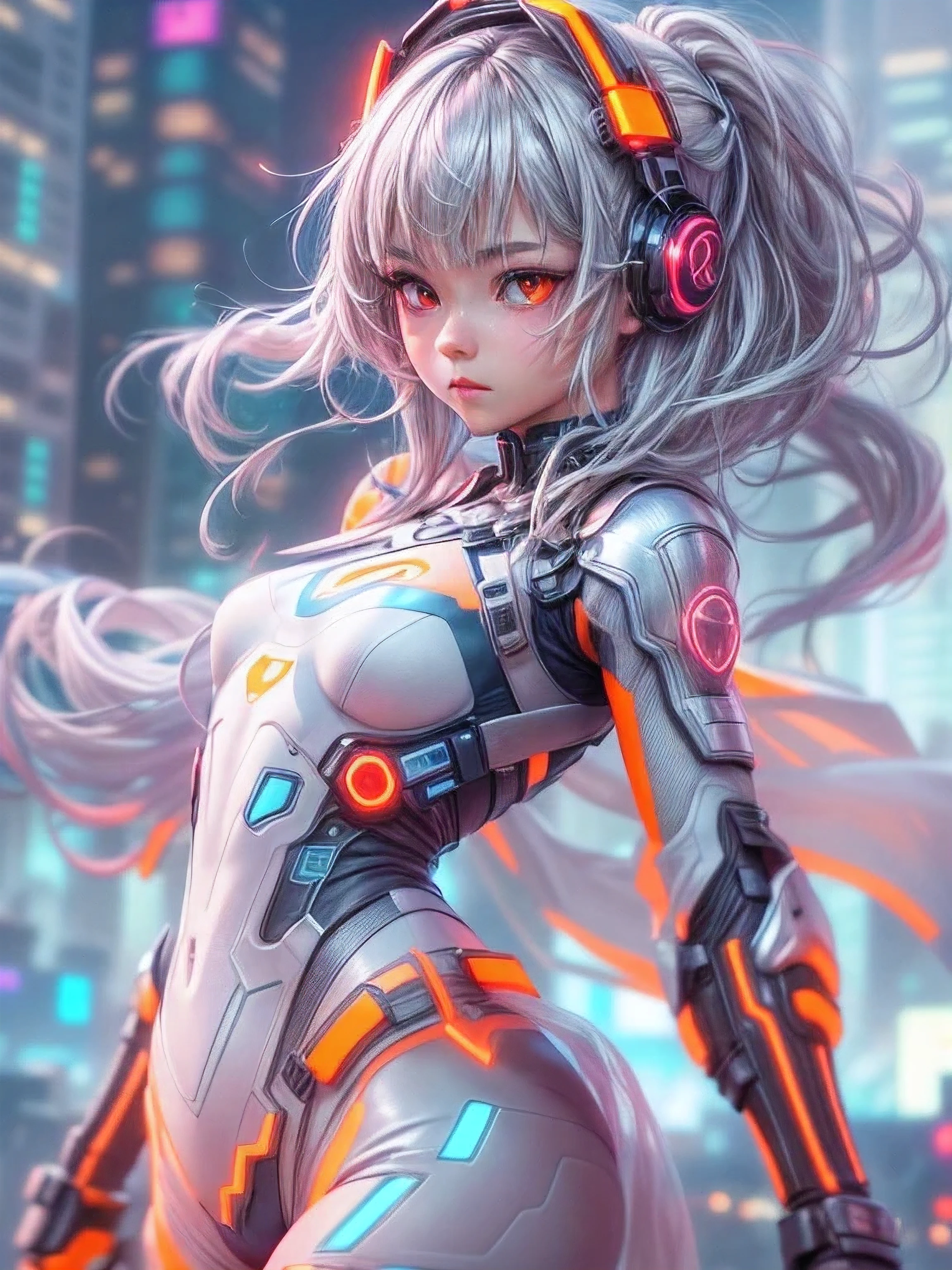 8k.Half Russian and half Japanese、Russian face、beautiful girl、princess、、Small face、Young face、Big eyes、Skinny、Small breasts、（（（Silver Hair、Silver Hair）））、With bangs、（（（High resolution big beautiful light blue eyes, ）））、Shortcuts、Bobcut、(software), Intricate details, One girl, night, (Bright neon colors), ((Flying over a futuristic cyberpunk city)), Detailed Background, (Petite cyborg girl, ((Cute perfect face, Bright red eyes)), (Perfect Anatomy,  and firm breasts), (Extremely long orange and white gradient hair, Hair blowing in the wind)), Detailed ribbed impossible bodysuit, Shoulder Armor, Cybernetic limbs, Dynamic Angle, 