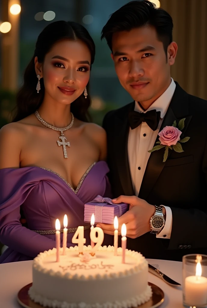 dinner celebrating the 49th birthday of an Indonesian woman and a man, In front of them was a birthday cake with the word 49 written on it with the number 49 candles.. There is writing "For Diah". They were both dressed in high class formals. The woman is wearing a purple Empire Waist Dress with her chest covered and wearing a diamond necklace with a cross on the end., preparing to blow out the candles. The man wearing a Richard Mille watch holds a birthday present to be given to the woman.. Photo realistic image quality. UHD image. Pose facing the camera