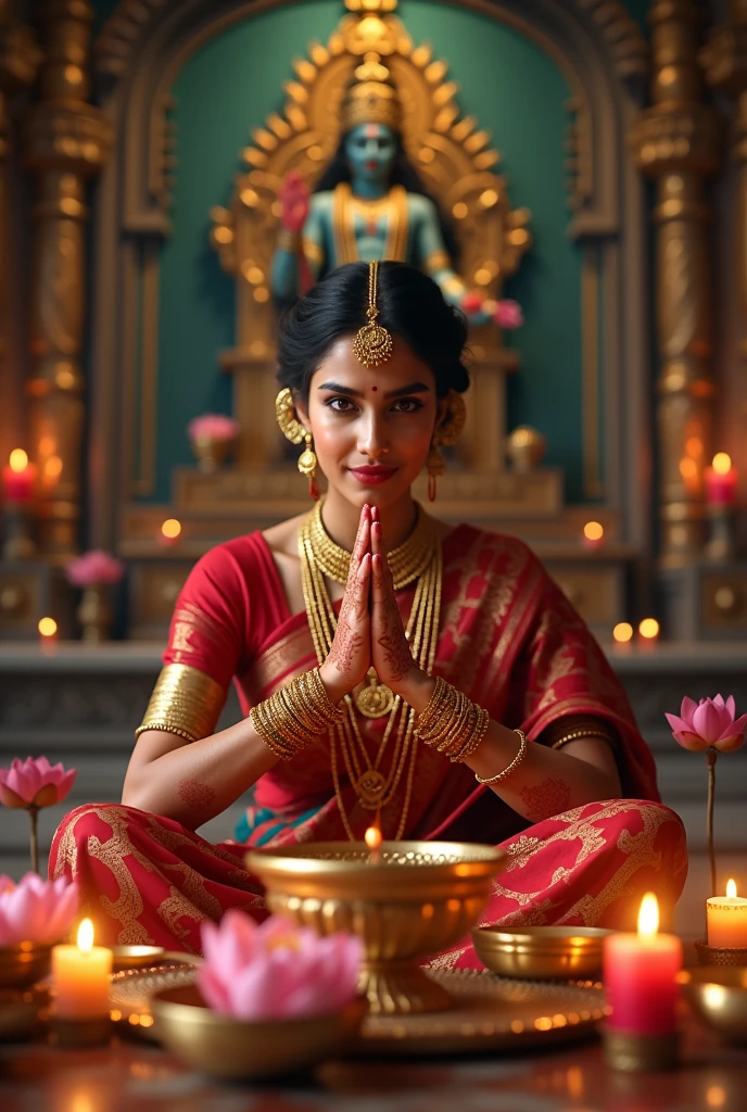 a beautiful indian married woman performing pooja ritual for janmashtami, ornate gold jewelry, vibrant sari, intricate henna patterns on hands, sacred red kumkum on forehead, lotus flowers, incense sticks, ceremonial brass diya lamps, devotional expression, dramatic lighting, intricate temple architecture, ornate krishna idol, spiritual atmosphere, photorealistic, cinematic, highly detailed