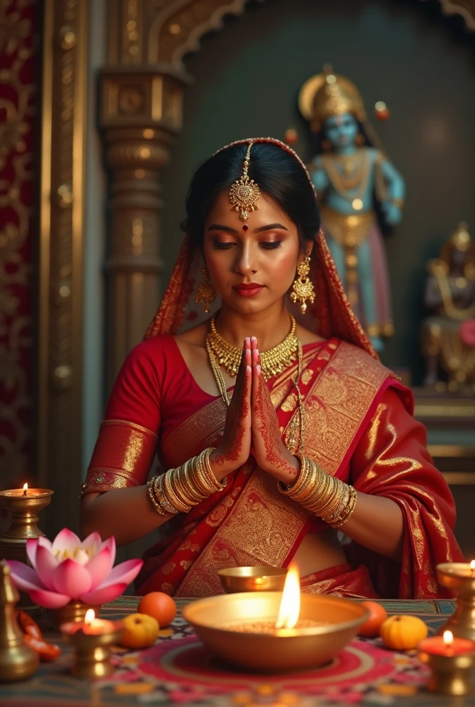 a beautiful indian married woman performing pooja ritual for janmashtami, ornate gold jewelry, vibrant sari, intricate henna patterns on hands, sacred red kumkum on forehead, lotus flowers, incense sticks, ceremonial brass diya lamps, devotional expression, dramatic lighting, intricate temple architecture, ornate krishna idol, spiritual atmosphere, photorealistic, cinematic, highly detailed