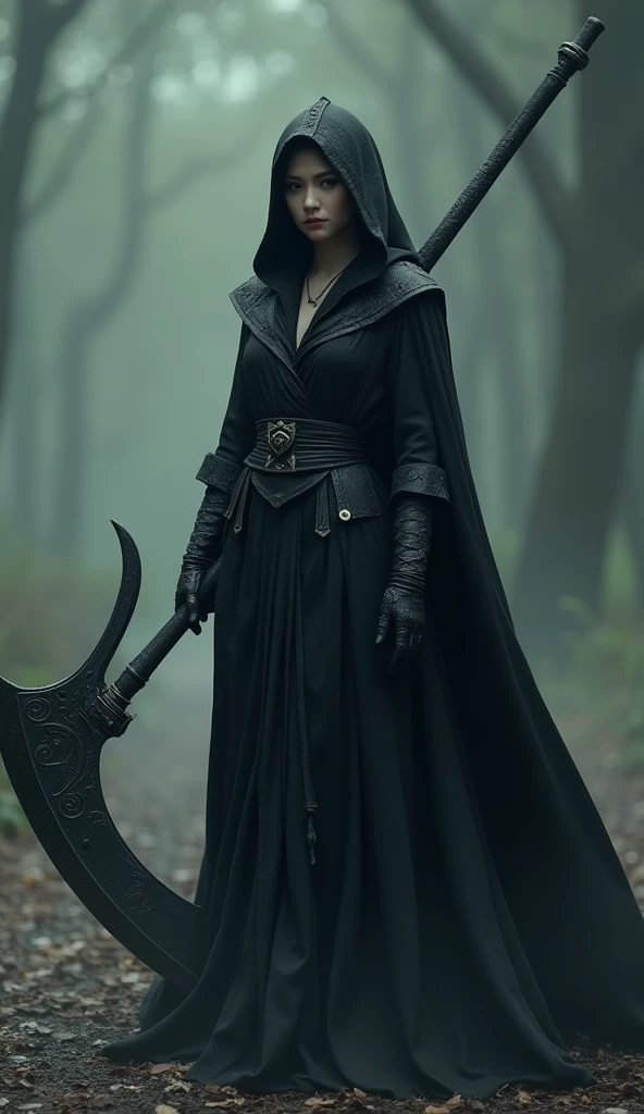 A large sickle, Scythe of Death，A sickle bigger than her body, ((masterpiece, best quality, Highest image quality, high resolution, Reality, RAW photos, 8K)), ((Extremely detailed CG unified 8k wallpaper)), (Huge stunning goddess photo, Very hot and sexy, Stunning beauty, Perfect proportion, Beautiful Body), Movie Posters,Black robe