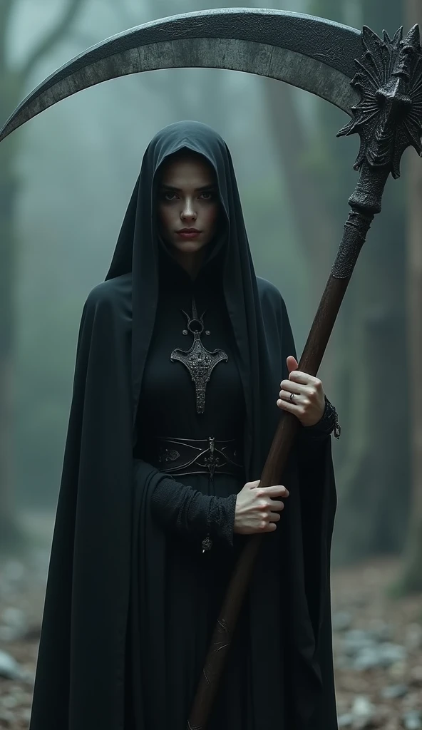 A large sickle, Scythe of Death,A sickle bigger than her body, ((masterpiece, best quality, Highest image quality, high resolution, Reality, RAW photos, 8K)), ((Extremely detailed CG unified 8k wallpaper)), (Huge stunning goddess photo, Very hot and sexy, Stunning beauty, Perfect proportion, Beautiful Body), Movie Posters,Black robe
