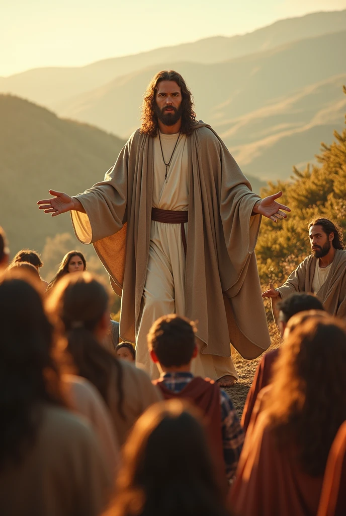 In the heart of Galilee, on a hill that stood like a natural altar, crowds gathered to hear the one who was known by some as the Teacher, by others as the Prophet, and by many as a living promise of something greater, Jesus Christ . cinematic, 8k, realistic.