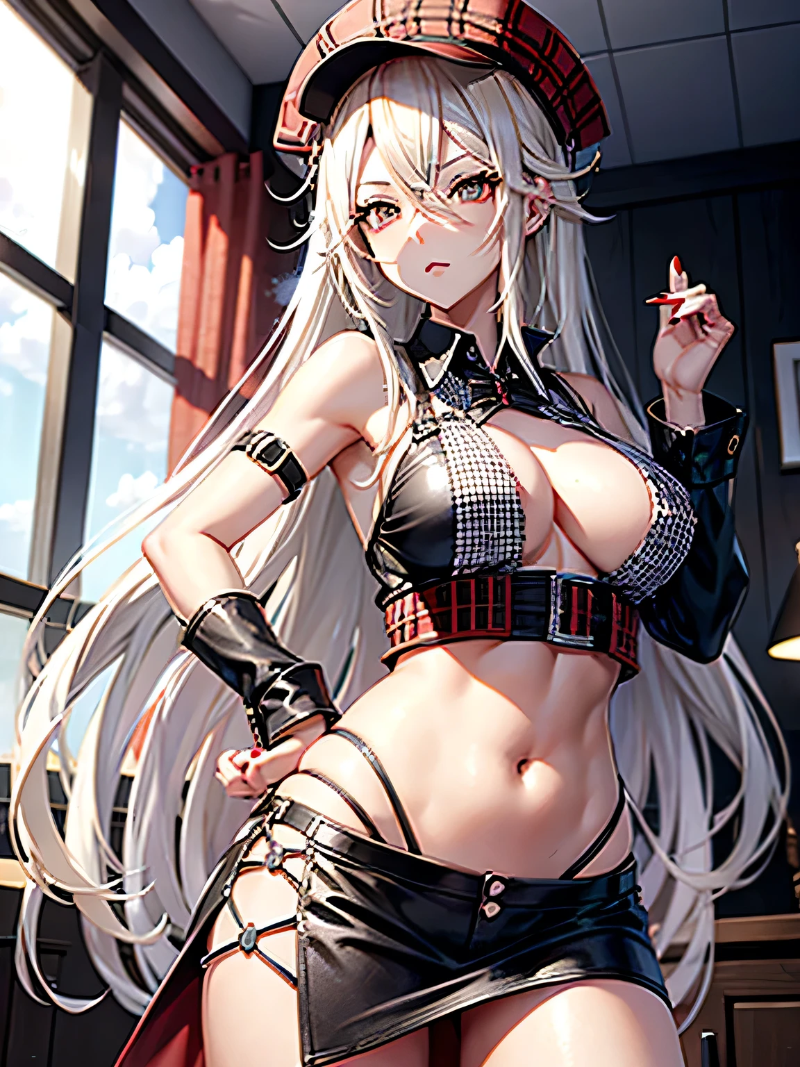 God Eater Arisa Platinum Blonde long hair Belly button exposed red and black checked hat Beauty Sexy pose