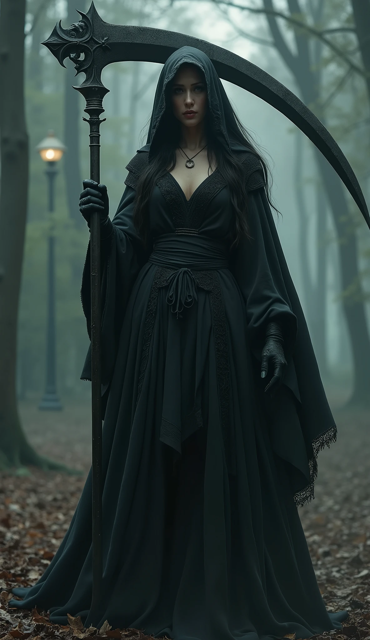 A large sickle, Scythe of Death，A sickle bigger than her body, ((masterpiece, best quality, Highest image quality, high resolution, Reality, RAW photos, 8K)), ((Extremely detailed CG unified 8k wallpaper)), (Huge stunning goddess photo, Very hot and sexy, Stunning beauty, Perfect proportion, Beautiful Body), Movie Posters,Black robe