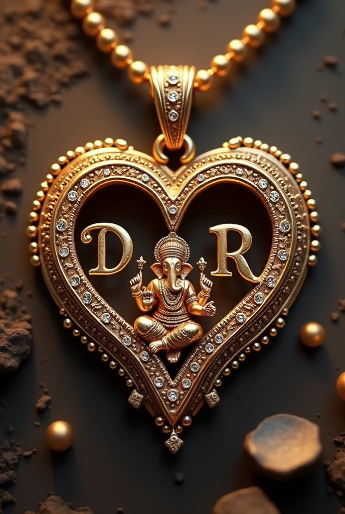 Create a beautiful pendant jewellery design so that it has a love sign. Inside that letter "D" "V" and "R" is there. And there will be also a God Laxmi and Ganesh idol inside love symbol.
