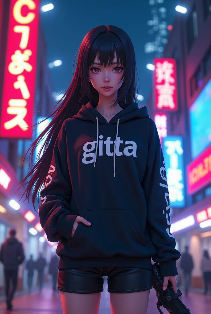 Create a character anime, {background: capital text: “GLBK”, night city}, tanned skin,
realistic, HDR, beautiful, japan style, full body, use piastol, age 20, hoodie HD text: “GITTA”, female, long hair