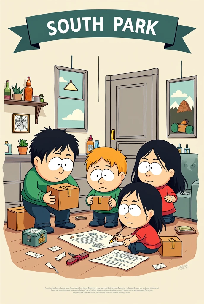 can u make a simple educational poster, something i could draw, about a family helping eachother while they're preparing / planning for a calamity.

they're in a house, packing things and putting them in a go bag, one is planning something incase the calamity comes in.

draw them southpark style, make the people really southpark accurate, in a SIMPLE style, doodle type shit

