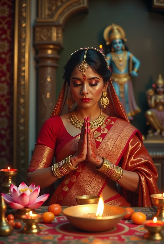 a beautiful indian married woman performing pooja ritual for janmashtami, ornate gold jewelry, vibrant sari, intricate henna patterns on hands, sacred red kumkum on forehead, lotus flowers, incense sticks, ceremonial brass diya lamps, devotional expression, dramatic lighting, intricate temple architecture, ornate krishna idol, spiritual atmosphere, photorealistic, cinematic, highly detailed