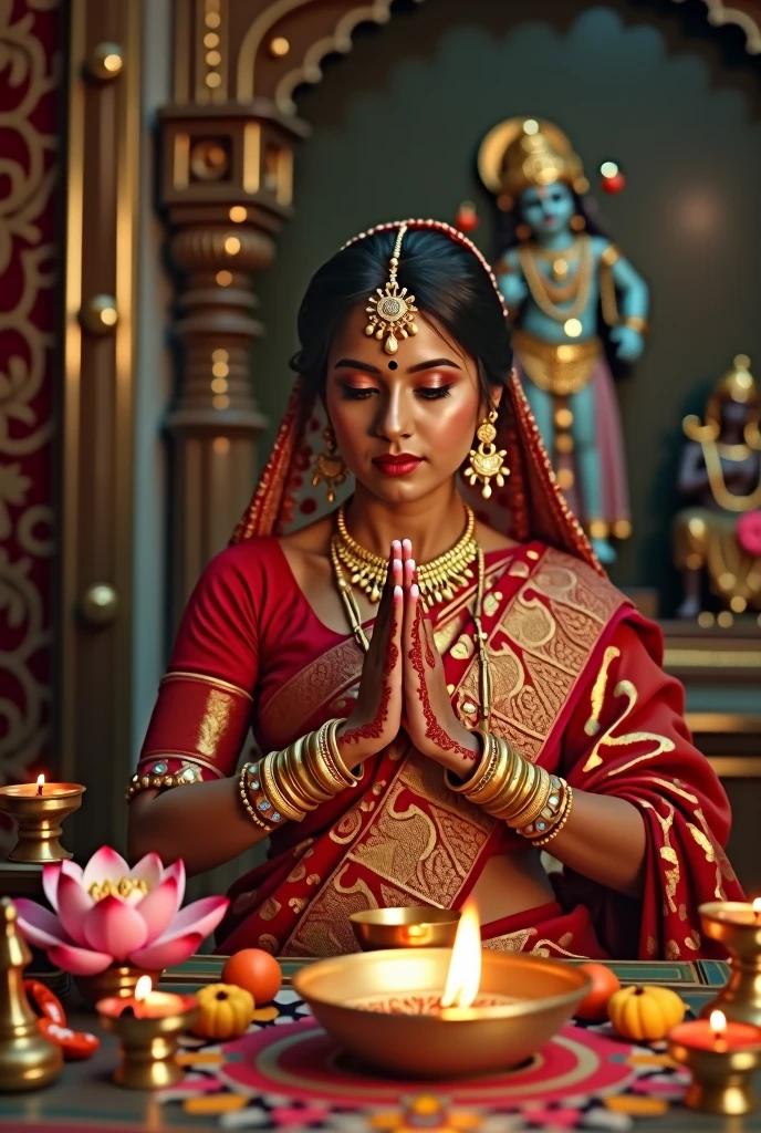 a beautiful indian married woman performing pooja ritual for janmashtami, ornate gold jewelry, vibrant sari, intricate henna patterns on hands, sacred red kumkum on forehead, lotus flowers, incense sticks, ceremonial brass diya lamps, devotional expression, dramatic lighting, intricate temple architecture, ornate krishna idol, spiritual atmosphere, photorealistic, cinematic, highly detailed