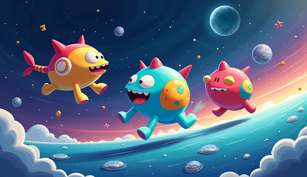 My cartoon characters running in space