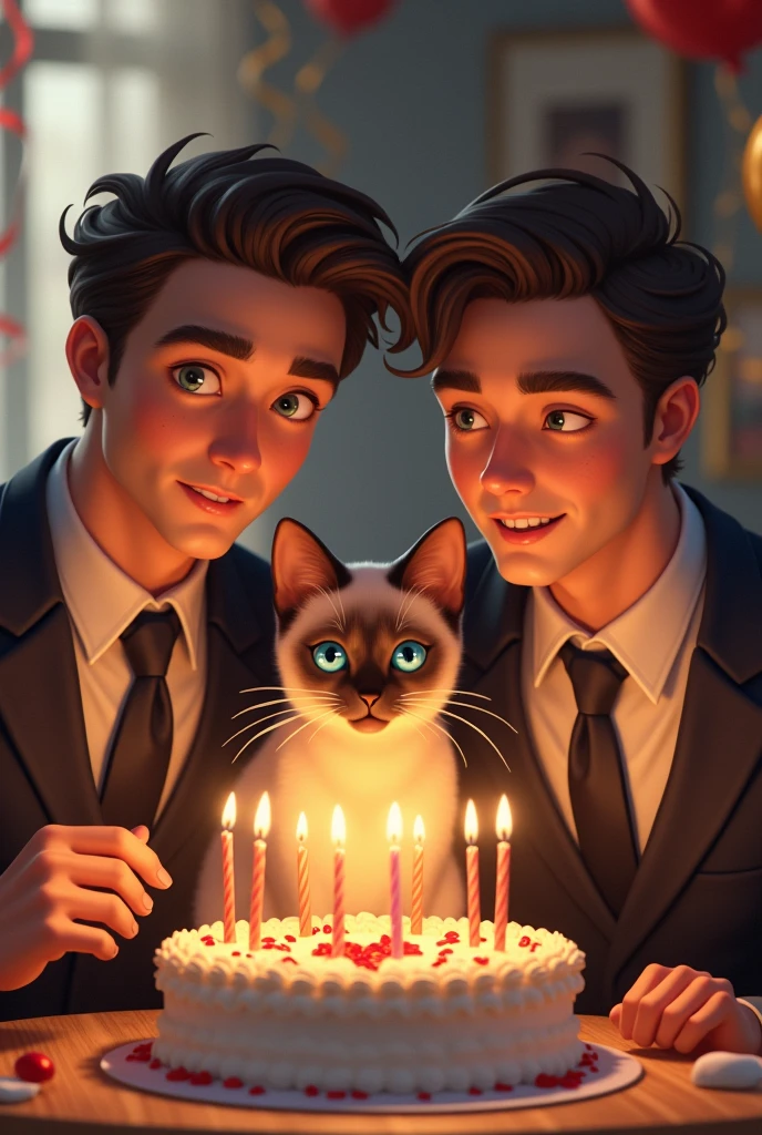 The birthday party had two handsome guys and a Siamese cat blowing out the candles on the cake.