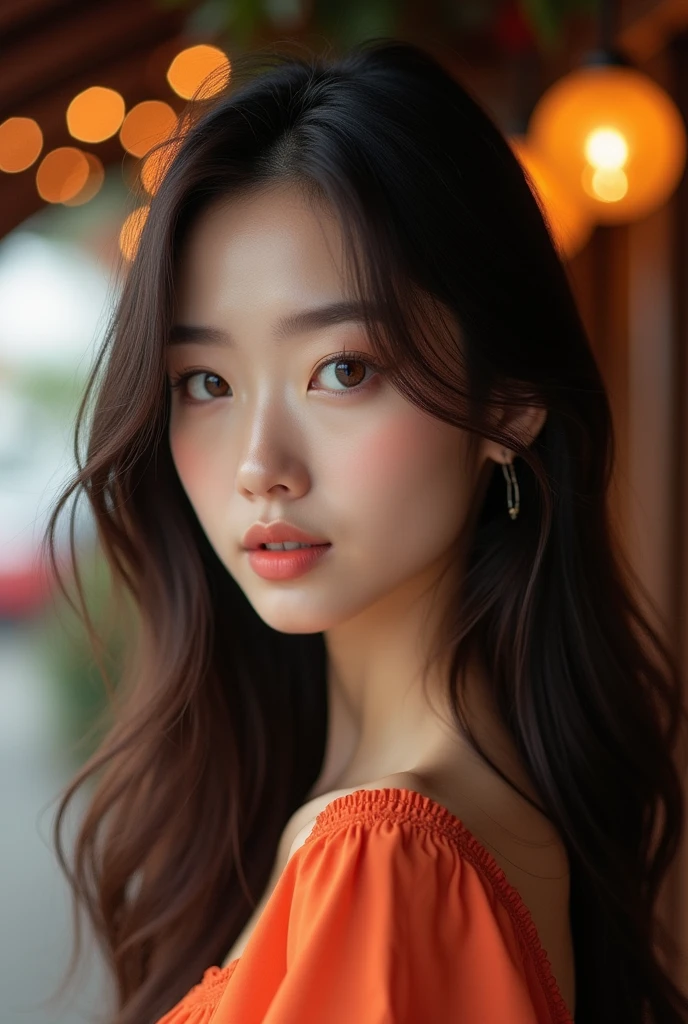 Brunette woman, next to the cafe, Korean red phoenix eye, Thin eyebrows, Small lips, Beautiful high nose bridge