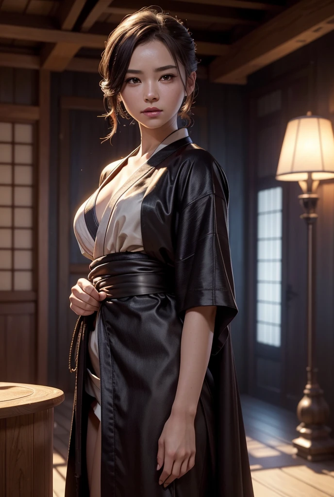 Innkeeper、young woman、kimono、Background Hot Spring Inn、The kimono is open、Tie up hair、日本のkimono、sexy、(best quality,4K,8k,highres,masterpiece:1.2),ultra-detailed,(realistic,photorealistic,photo-realistic:1.37),HDR,uhd,studio lighting,ultra-fine painting,sharp focus,physically-based rendering,extreme detail description,professional,vivid colors,bokeh,cinematic lighting,dramatic shadow,