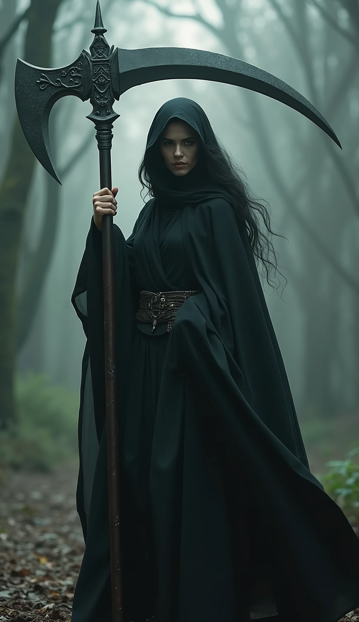 A large sickle, Scythe of Death，A sickle bigger than her body, ((masterpiece, best quality, Highest image quality, high resolution, Reality, RAW photos, 8K)), ((Extremely detailed CG unified 8k wallpaper)), (Huge stunning goddess photo, Very hot and sexy, Stunning beauty, Perfect proportion, Beautiful Body), Movie Posters,Black robe