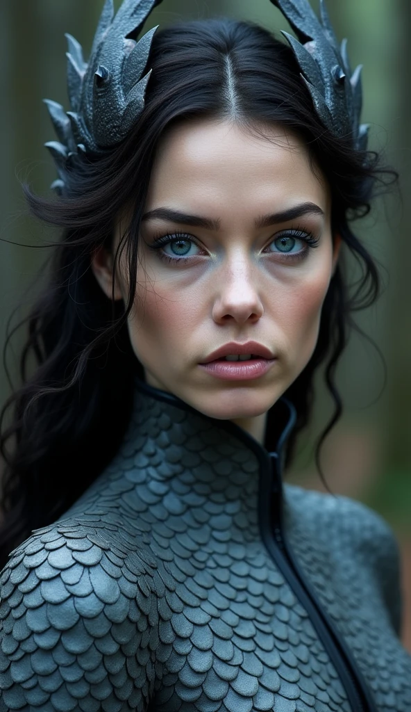 A woman with dragon traits from England, covered in smooth, slate-grey scales that reflect the overcast skies of the British Isles. Her eyes are deep blue, like the North Sea, filled with mystery. Her facial structure is sharp and dignified, with high cheekbones and a calm expression. Her hair is a dark, flowing mane with subtle scale accents, giving her a timeless, mythical appearance.
