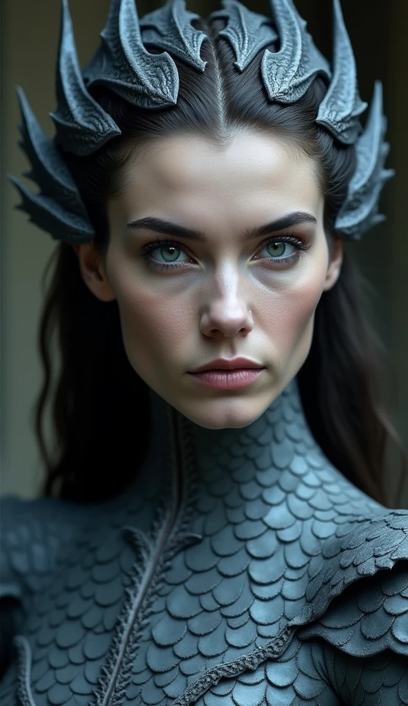 A woman with dragon traits from England, covered in smooth, slate-grey scales that reflect the overcast skies of the British Isles. Her eyes are deep blue, like the North Sea, filled with mystery. Her facial structure is sharp and dignified, with high cheekbones and a calm expression. Her hair is a dark, flowing mane with subtle scale accents, giving her a timeless, mythical appearance.